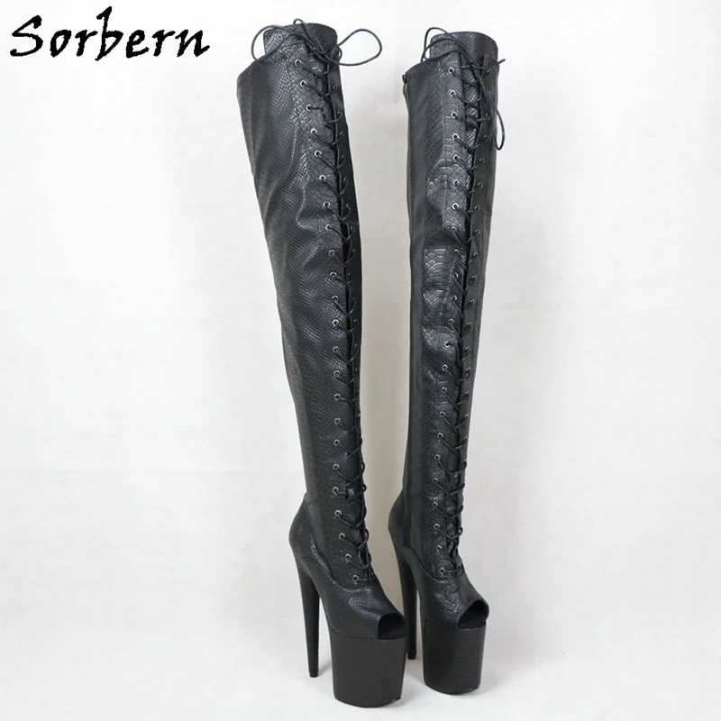 

Sorbern Black Snake Crotch Thigh High Boots Women Peep Toe Platform High Heel Long Boot For Crossdresser Stripper Pole Dance