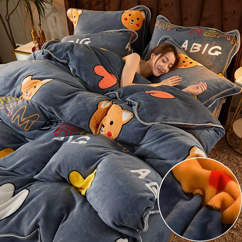 

WOSTAR Winter warm velvet printed duvet cover set double bed adult kids super soft cozy quilt cover luxury bedding set king size