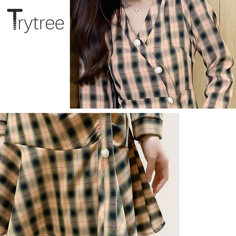

Trytree 2020 Spring Autumn Women Dress Casual V-neck Plaid 2 Color A-line Ruffles Noble Elegant Fashion Mini Office Lady Dress