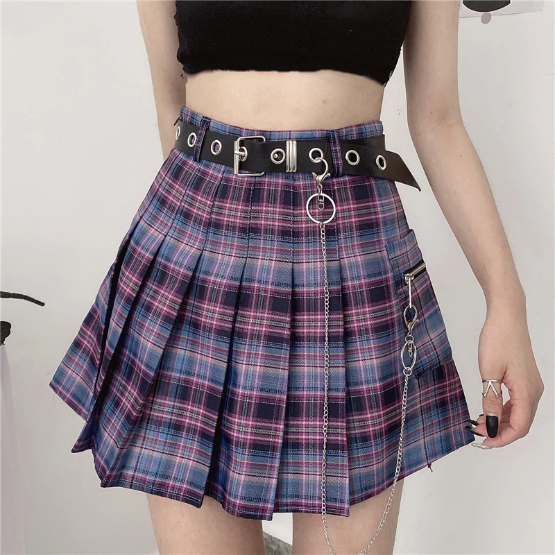 

Harajuku plaid skirt female 2020 new y2k high waist mini tennis skirts uniform chain pocket a line streetwear vintage free belt