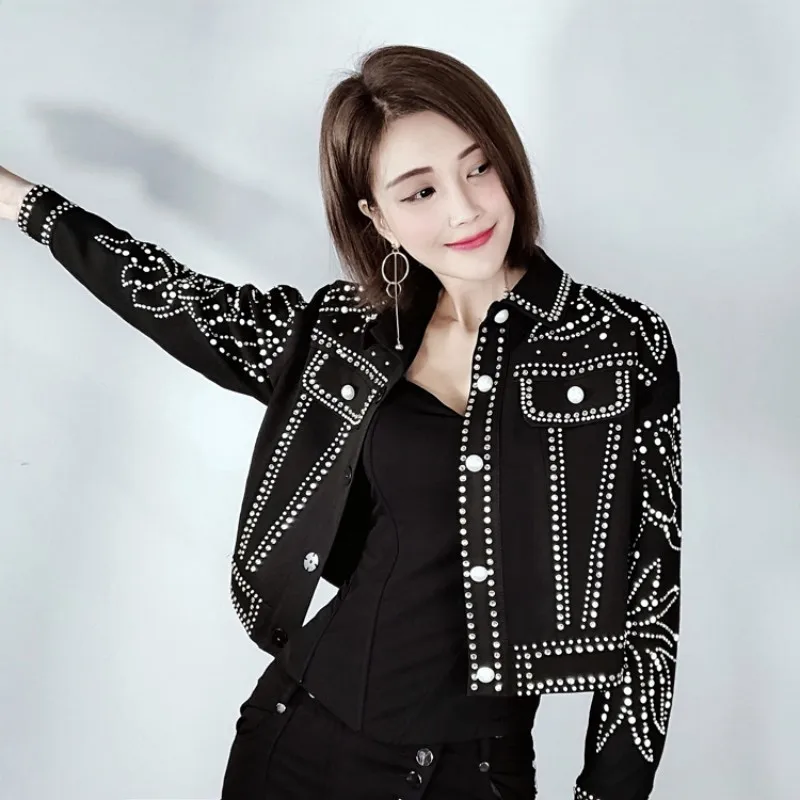 

Top Quality New Brand Metal Embroidery Flares Womens Short Coats Long Sleeve Single Breasted Punk Style Straight Female Jackets