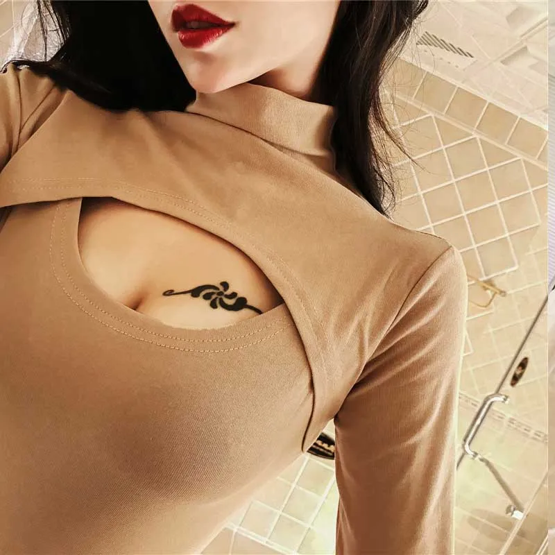 

Long Sleeve T Shirt Women Clothing Korean Fashion Clothes Chic Sexy&Club Tops Hollow Out Solid Patchwork O-Neck Hipster Tees