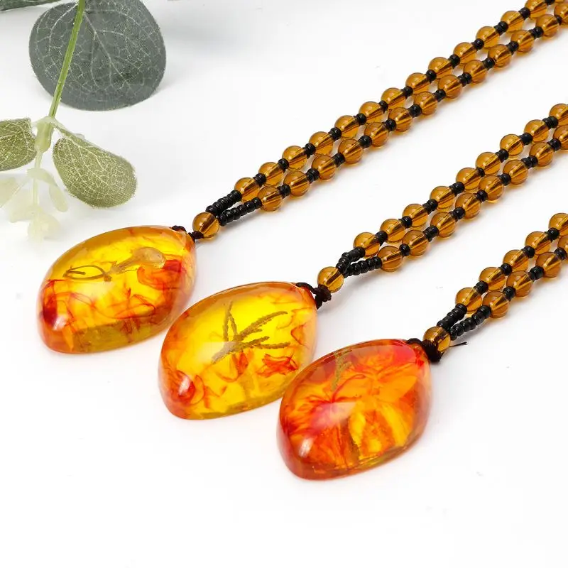 

Baltic Amber Plant Inlaid Natural Pendant Necklace Unisex Fashion Jewelry