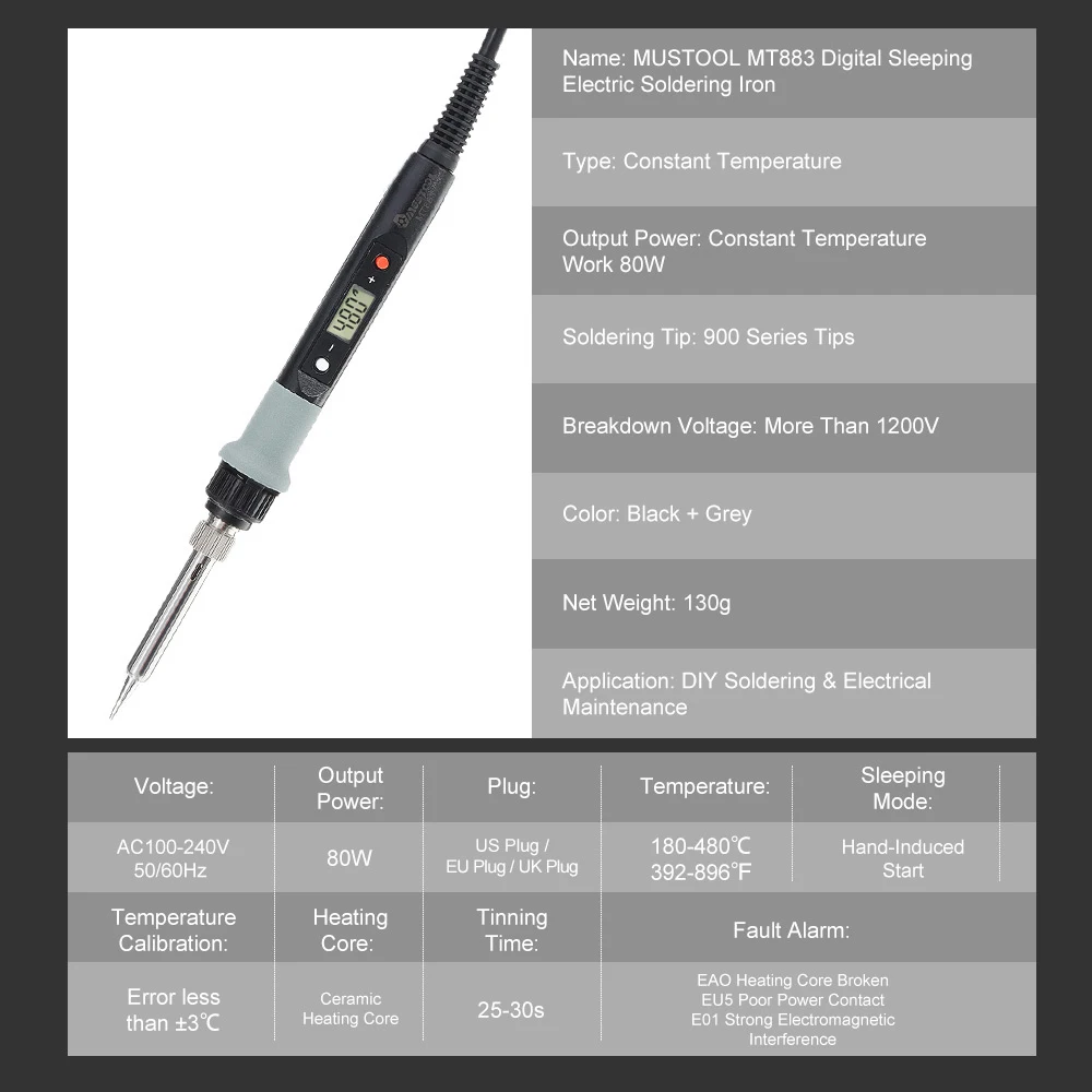 MUSTOOL MT883 80 Вт электрическая железная паяльная станция с регулируемой температурой 180-480 C/392-896 F Авто Спящая 110 В/220 В вилка стандарта ЕС/США/Великобритании
