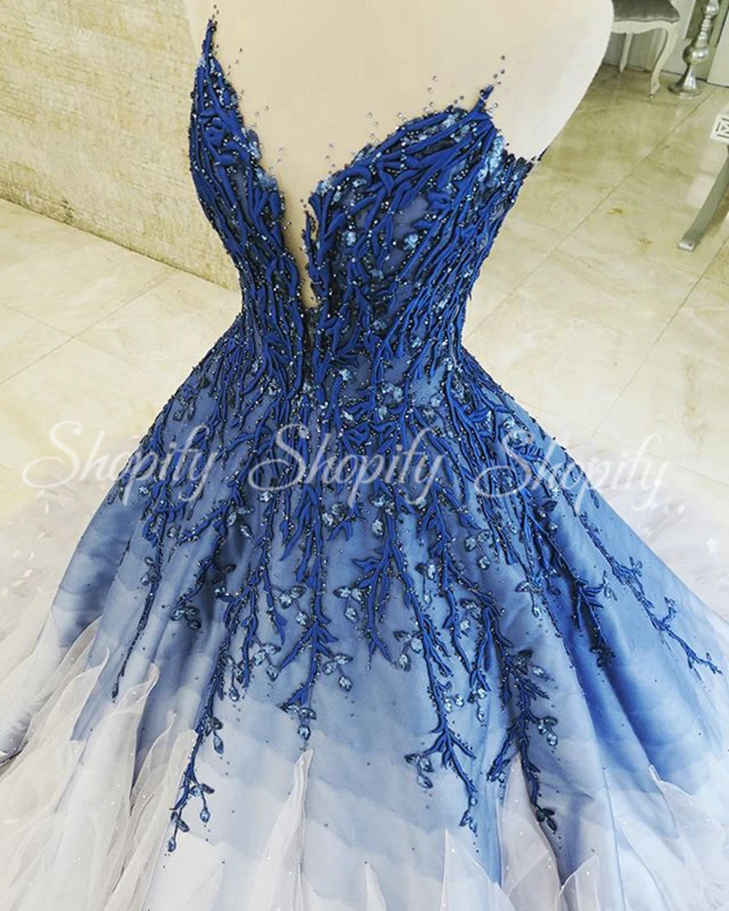 

Long Elegant Evening Dresses 2020 Ball Gown Beaded Embroidery Lace Blue and White Tulle Arabic Dubai Women Formal Ladies Gowns