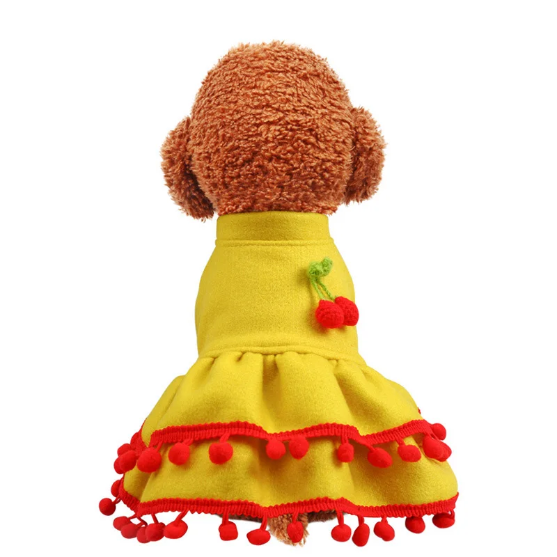 

Dog Puppy Clothes Red Bubble Cherry Woolen Dress Fit Small Dog Autumn Winter Pet Cute Costume Cat Cloth Dog Skirt