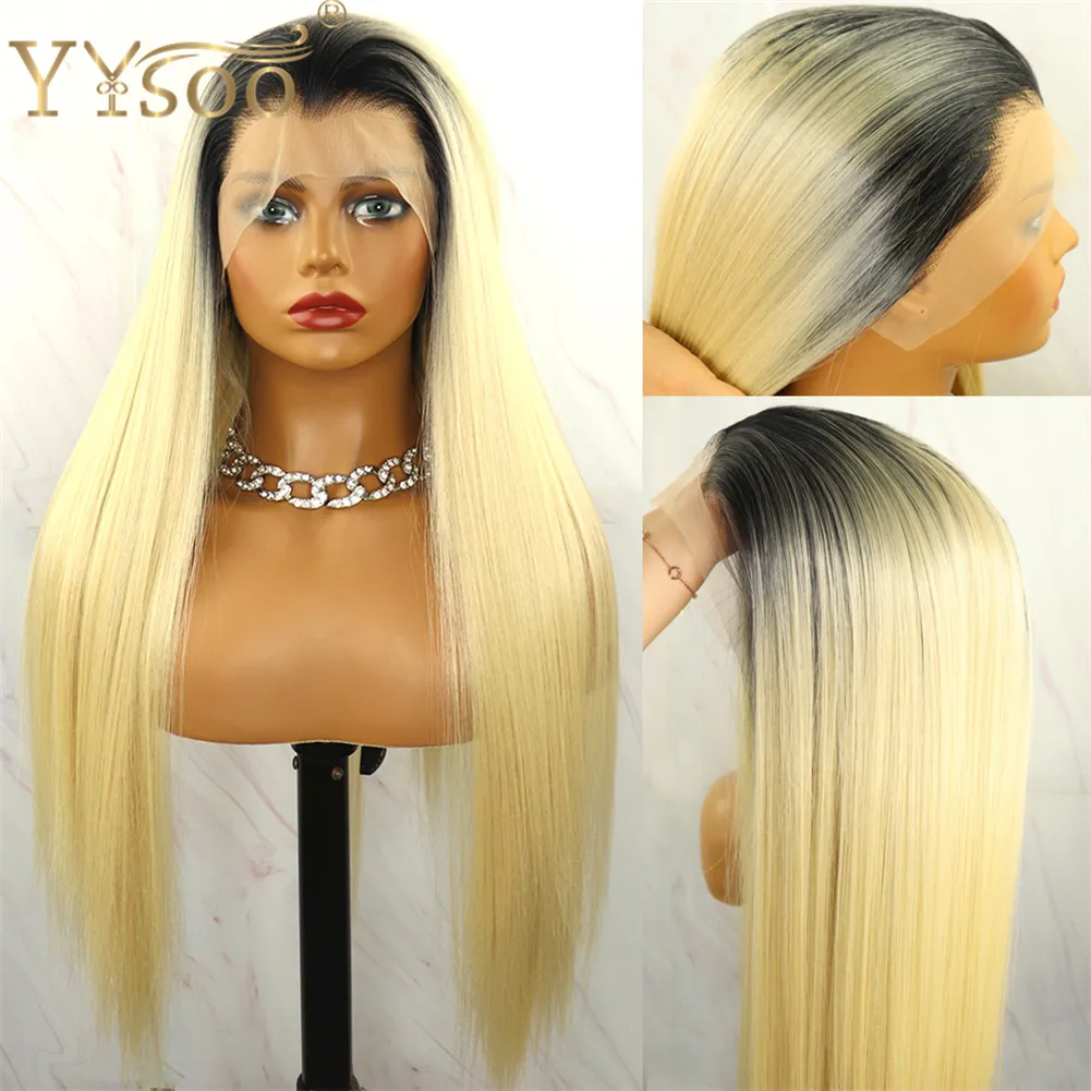 YYsoo Long Ombre 613# 13x4 Synthetic Lace Front Wigs Silky Straight Futura Heat Resistant Glueless Half Hand Tied Wig Dark Roots