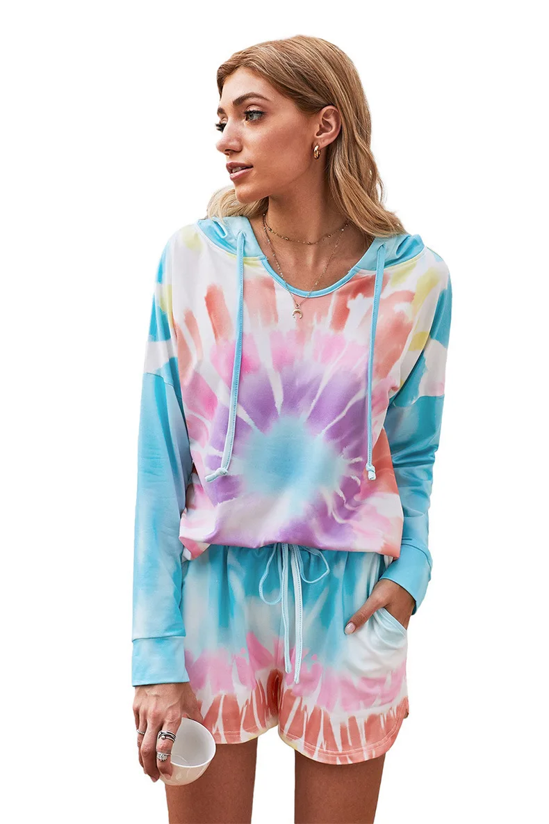 2021 Spring and Autumn New Women's Pajamas Tie-dye Hooded Long-sleeved Shorts Home Service Pijamas Women Sleepwear Sleep Tops