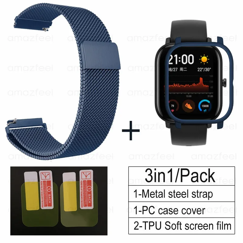 blue-blue 3 в 1 Аксессуары для Amazfit GTS ремешок с чехол металлический Миланский Браслет для Huami Amazfit GTS Band Защитная пленка для экрана - Цвет: blue-blue