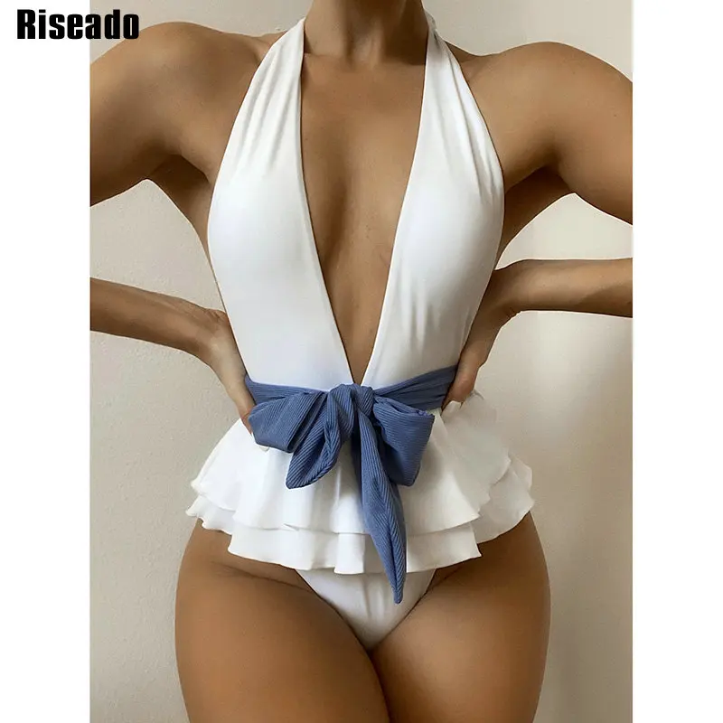 

Riseado Sexy Plunging One Piece Swimsuit Halter Swimwear Women 2021 Ruffle Bodysuit Women Backless Monokini Belted Swimming Suit