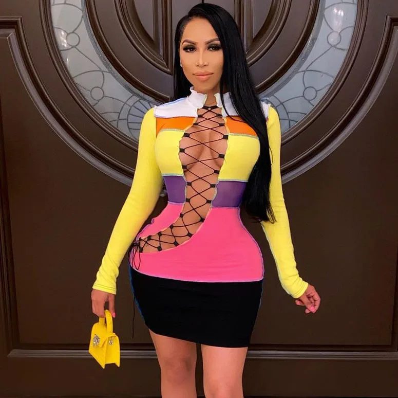 

Patchwork Hollow Out Bandage Mini Dress Long Sleeve Summer 2021 Sexy Night Club Women Tight Fitted