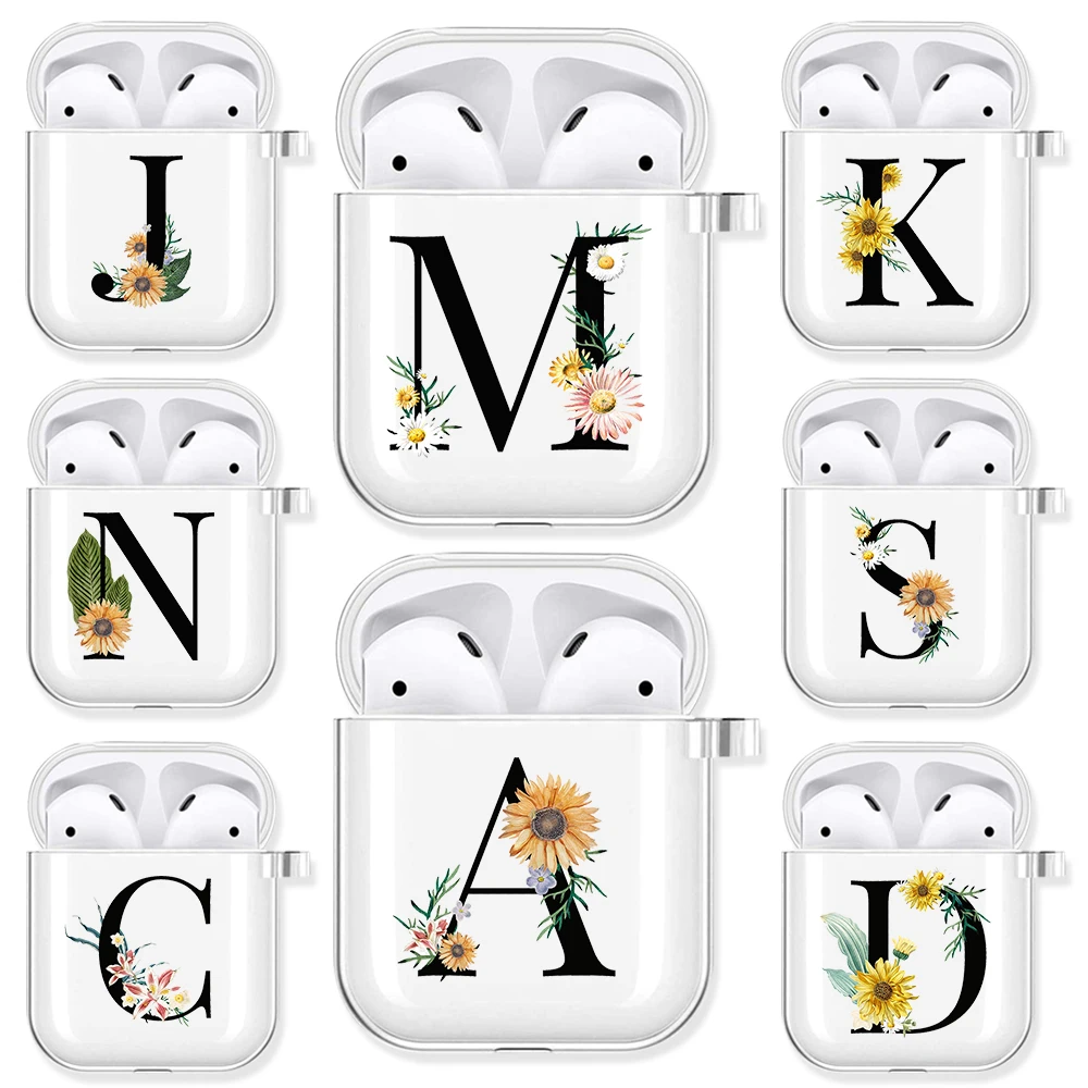 

Botanical Sunflower Alphabet Letter Soft TPU Case for AirPods 2 1 Transparent Silicone Wireless Bluetooth Earphone Box Covers
