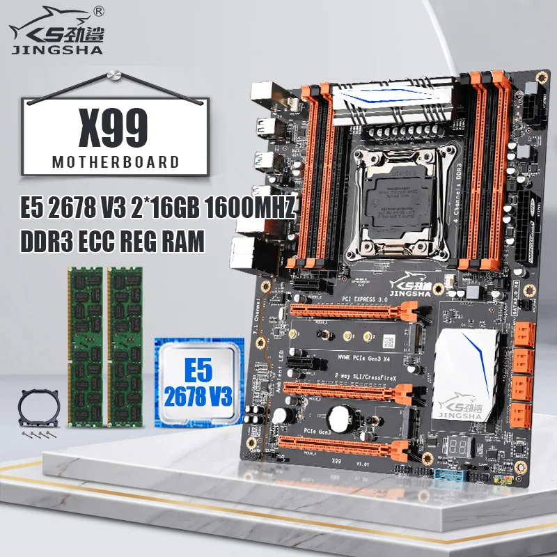 baratas Jingsha X99 Placa-mãe Com Xeon E5 2678v3 E 2*16gb = 32gb Ddr3 Ram 8 * Sata3.0 Até 256gb Nvme M.2 * M.2 Wifi