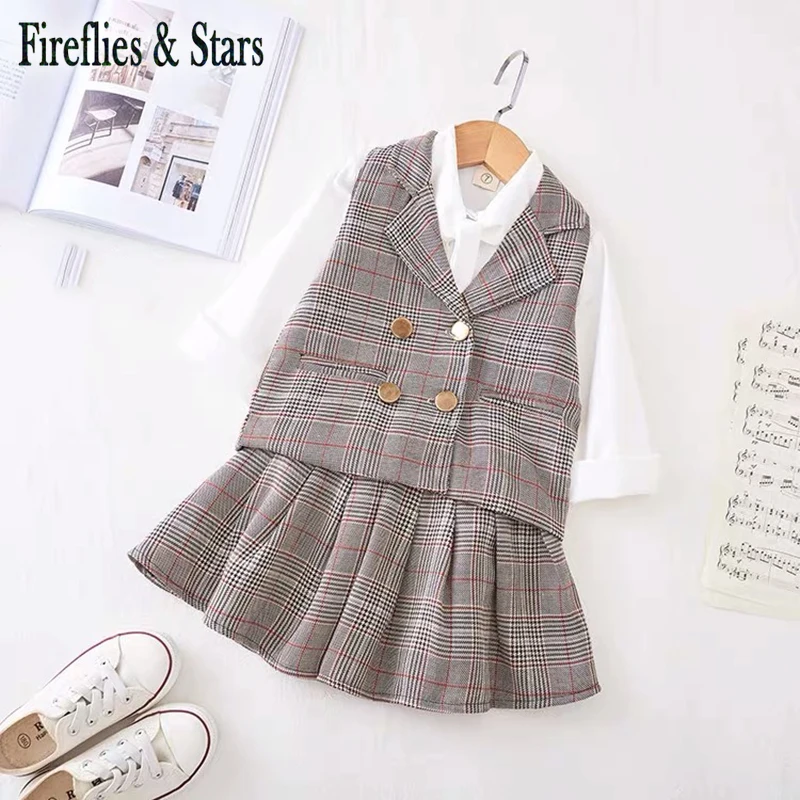 Spring Autumn quality girls 3 pcs set baby blouse + vest +skirt kids fashion suit children brand clothes lacing check 2 to 7 yrs