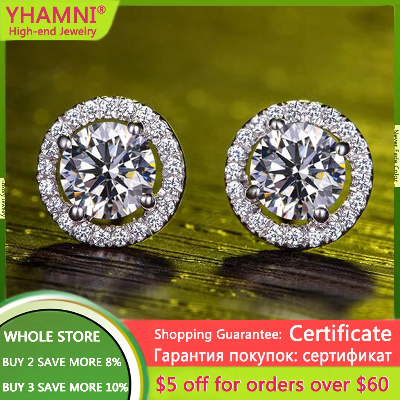 

With Certificate Female Luxury Crystal Round Stud Earrings Vintage 925 Silver Wedding Jewelry Zircon CZ Earrings For Women E013
