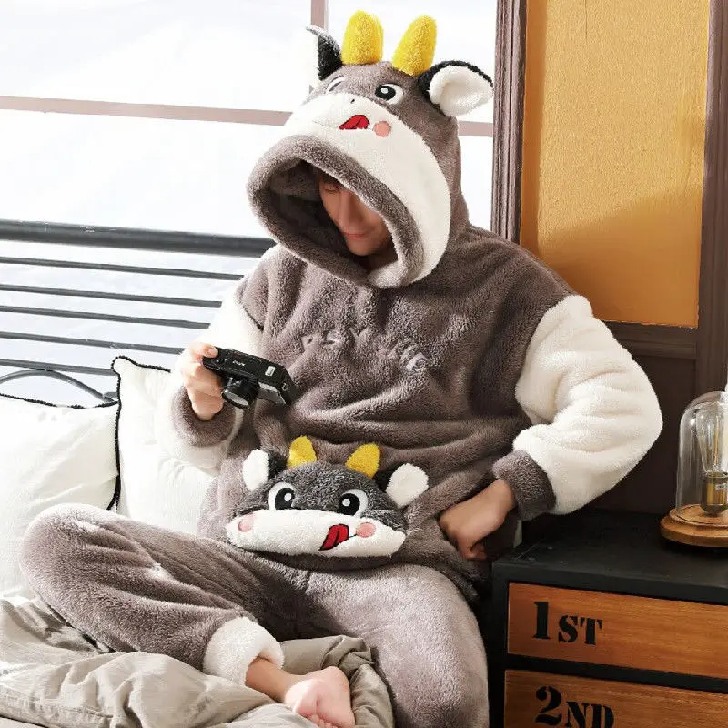 Pajamas Men's Winter Coral Velvet Thickened Plush Warm Autumn and Winter Men's Flannel Home Clothes Winter Suit  Sleepwear