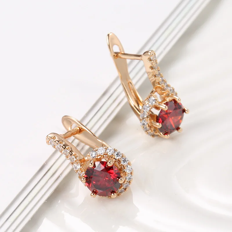 

New Product Red Natural Zircon Earrings Women's Wedding 585 Rose Gold Round Earrings Fashion Jewelry