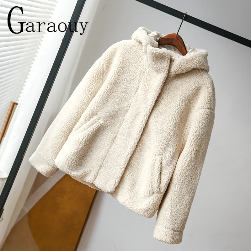 

Garaouy 2022 New Winter Casual Thicken Warm Lamb Wool Hooded Coat Concealed Button Women's Fleece Female Jacket Pocket Outerwear
