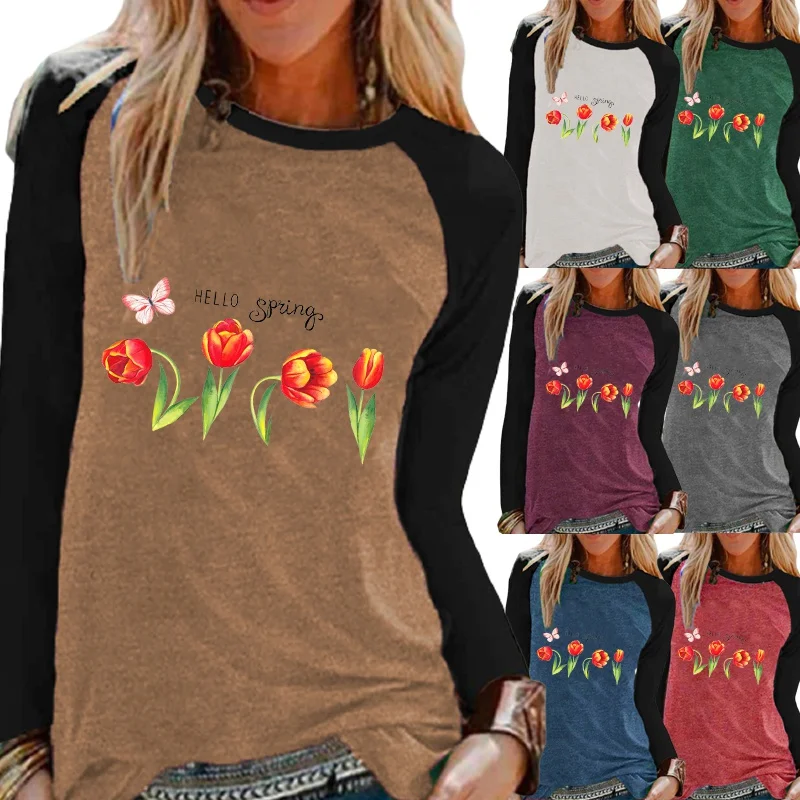 

Женская весенне-осенняя футболка с круглым вырезом и рукавом реглан