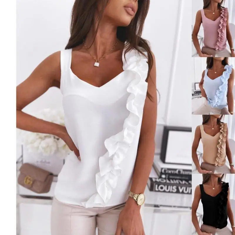 

Sexy White Top Women Camisole Blouse Sleeveless Casual Top Ruffles V-neck Pullover Shirt Solid Colors Summer Women Blouse Camis