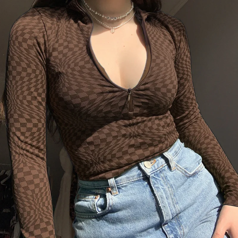 

Пикантная облегающая трикотажная рубашка с глубоким V-образным вырезом, на молнии, с отворотом, модный клетчатый пуловер, элегантный облега...