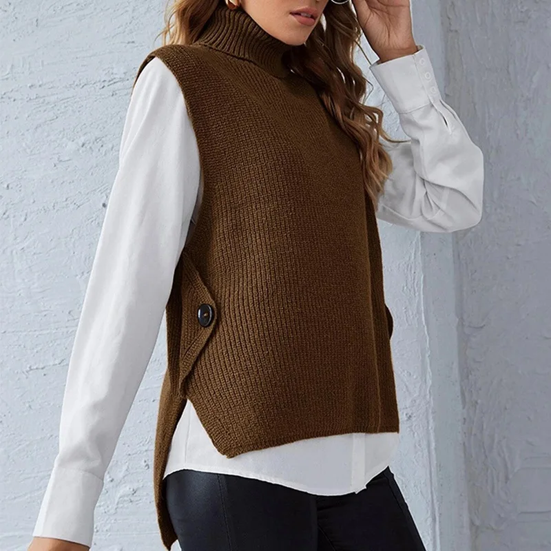 

Women Loose Comfortable Pullovers Jumpers New Chic Fashion Solid Knitted Vest High-neck Sleeveless Sweater Button Knit Vests