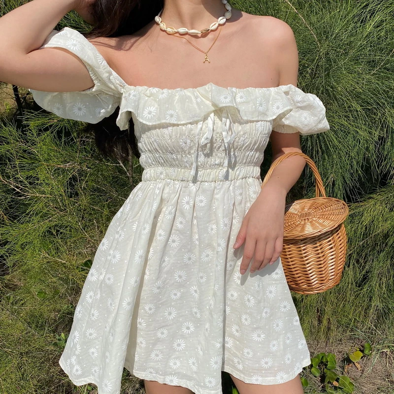 

Sexy Ruffle Dress Square Neck Dress Sweet Slim Dress Summer Girl Princess Pleated Dress Floral A-line Skirt White Dress French