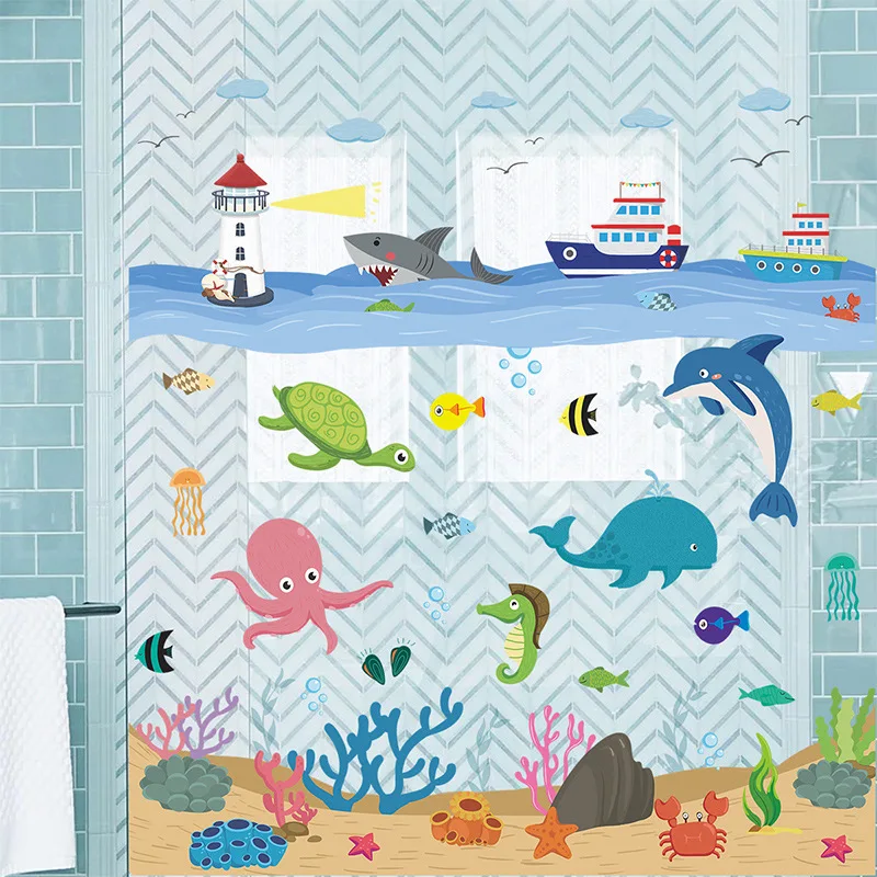 

New Cartoon Ocean World Octopus Whale Sea Tower Water Grass Children's Room Home Decoration Wall Sticker