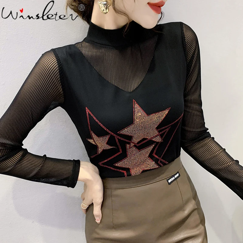 

Осенне-зимняя черная футболка MadBlack, пикантные сетчатые Топы с длинным рукавом и блестящими стразами в стиле пэчворк, женские футболки, футб...