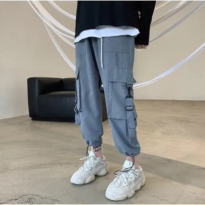 

Drawstring Casual Pants Men's Fashion Solid Color Multi-pocket Cotton Overalls Men Streetwear Wild Loose Hip Hop Trousers Mens