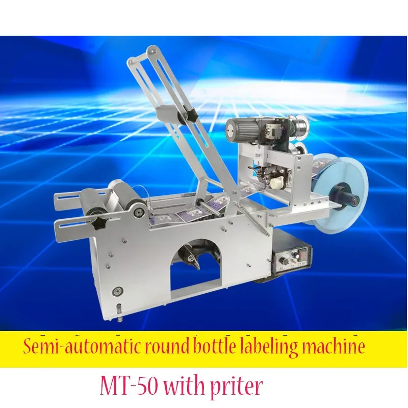 

MT-50 with printer Round Bottle Labeling Machine Plastic Jar Pot Labelling Device Sticking Cosmetic Cans Jug Semi Automatic