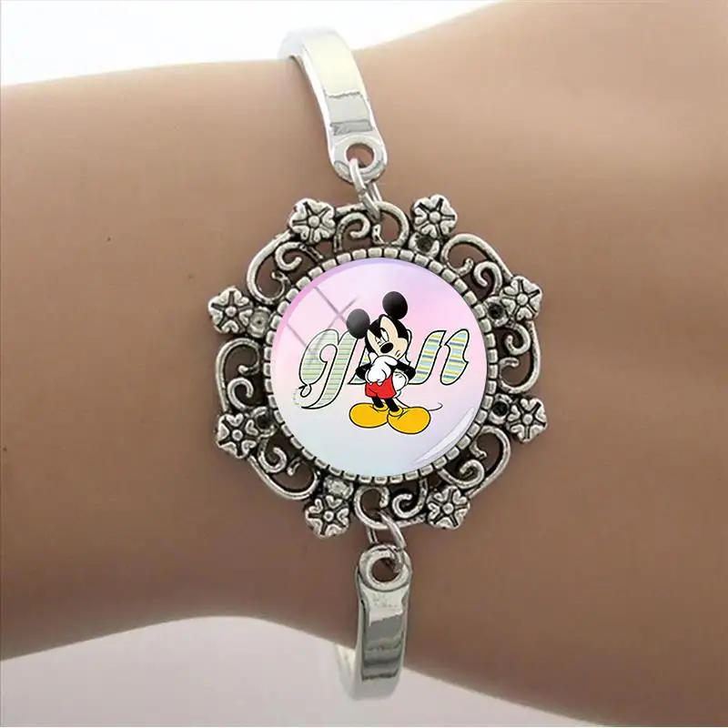 

Disney Lace Charm Bracelet Lobster Claw Clasp Creative Holiday Gift Mickey Mouse Photo Round Glass Bracelet Fun Bracelet