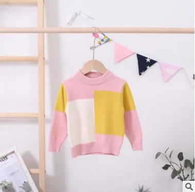 Autumn Winter Toddler Boys Sweater Baby Knitwear Tops Plaid Patchwork Kids Pullover Girls Clothes RT163 - Цвет: pink yellow beige