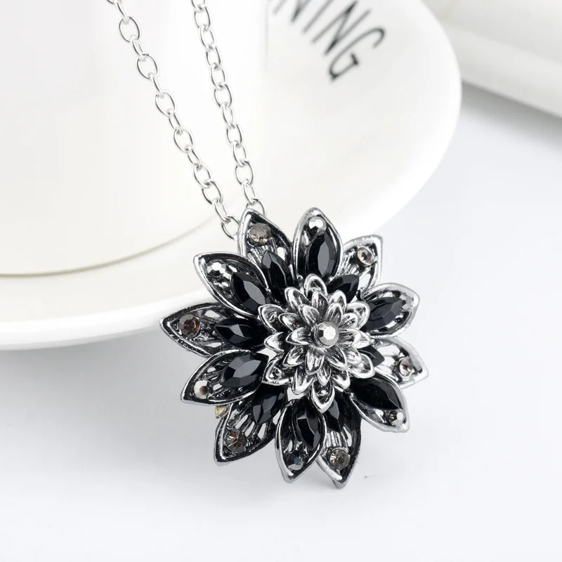 Винтажное ожерелье с черной Далией подвеской из медного сплава цветком и