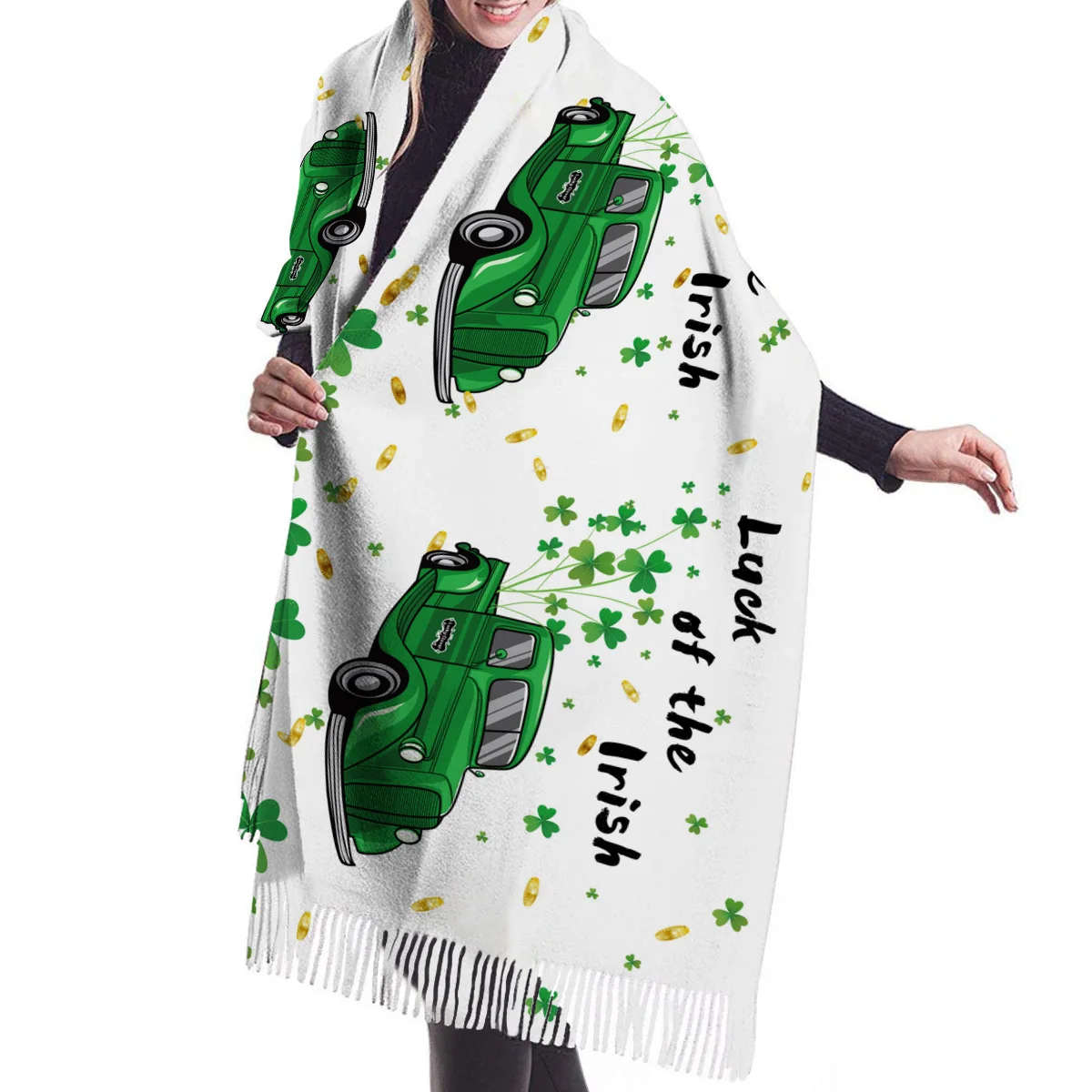 Womens Cashmere Scarf Uck Irish Green Truck Carry Clover White Lightweight Soft Ladies Scarves Wraps Stylish Girls Shawl |
