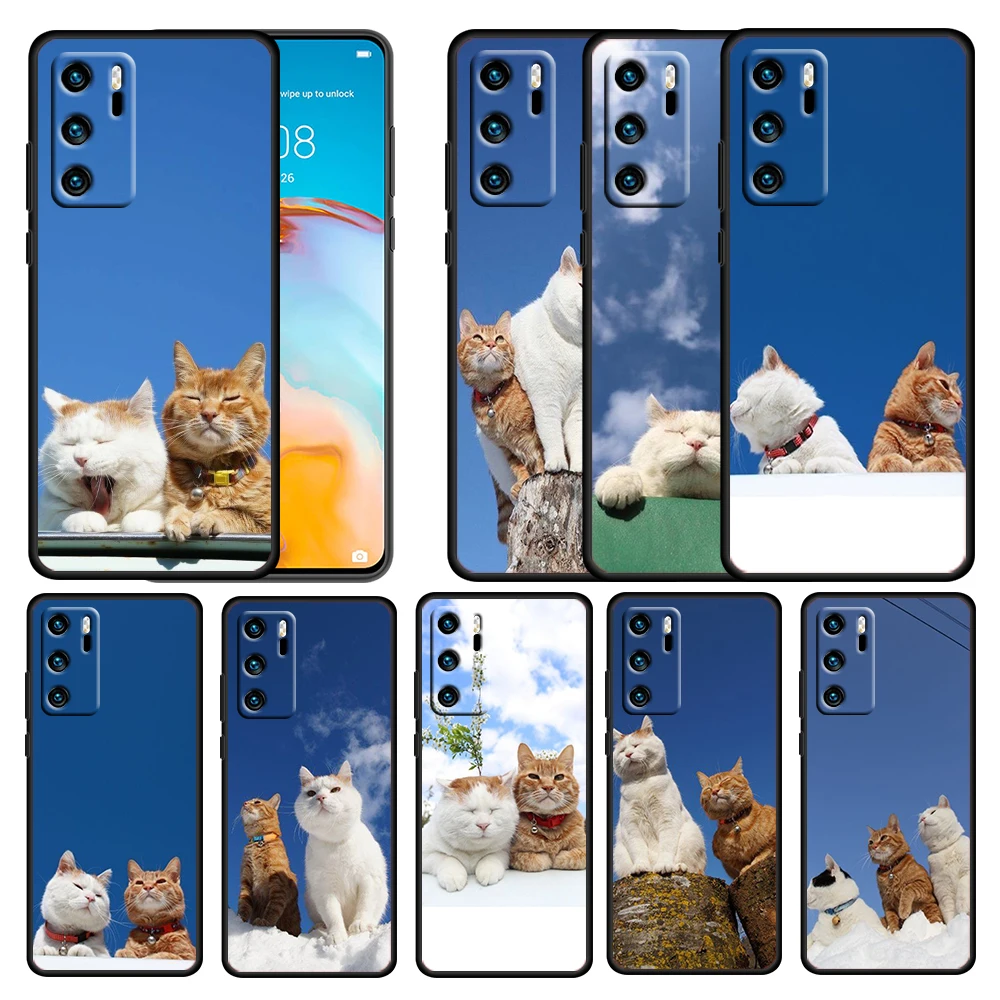 

Cute Cat Under The Sky for Huawei P50 P40 E P30 P20 P10 P9 P8 Pro Lite mini 5G Soft TPU Silicone Black Phone Case Cover