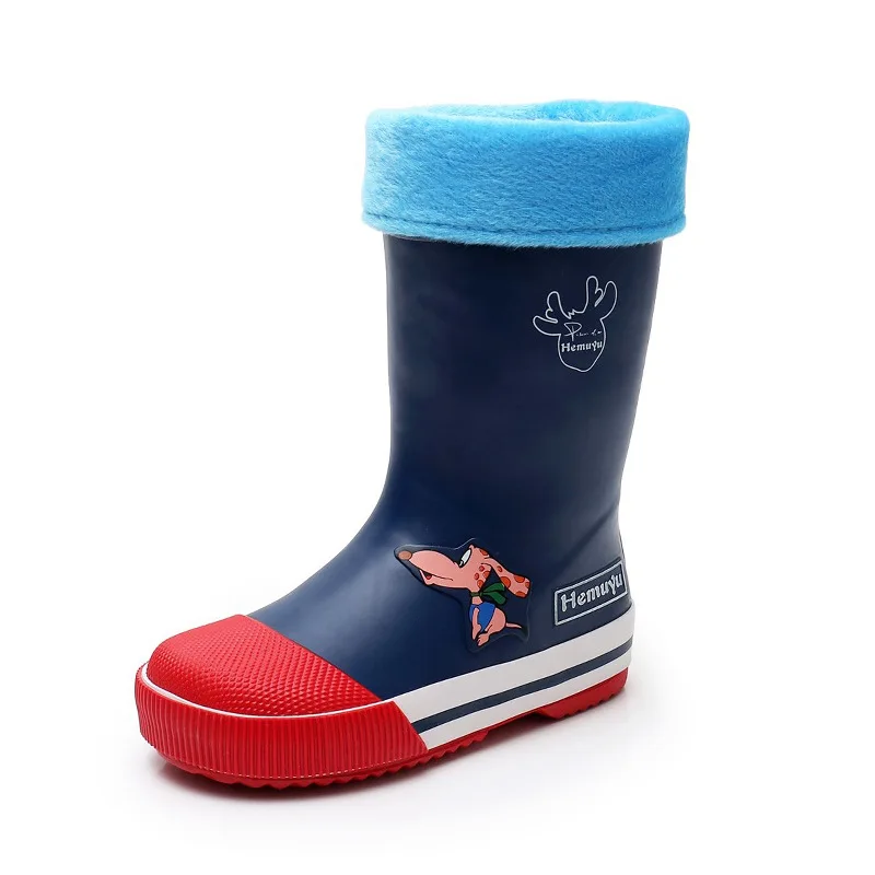 

Детская резиновая обувь ULKNN, резиновые сапоги для школьников, нескользящая Водная обувь для мальчиков и девочек, хлопковые синие ярких цвет...