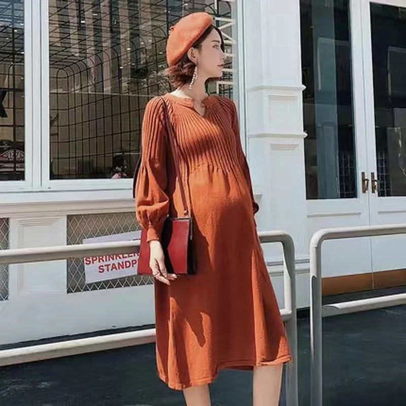 

Новинка 2021, вязаное платье для беременных женщин на осень и зиму, длинная модная нижняя рубашка, осенний свитер для беременных женщин