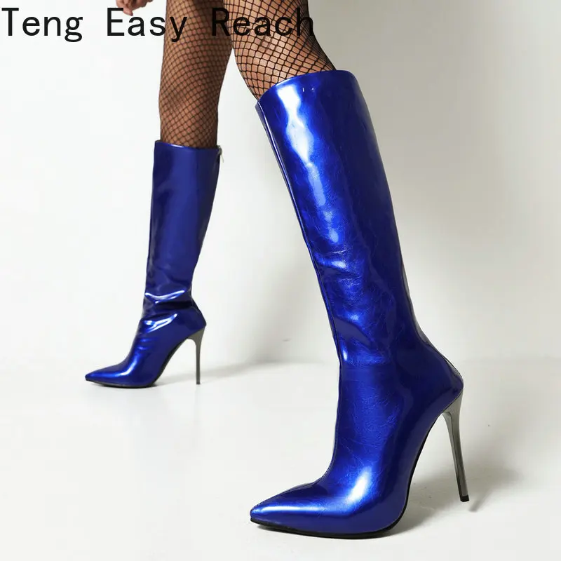 

Sexy Patent Pu Leather Stiletto Women Knee High Boots Thin High Heel Long Boots Pointed Toe Zipper Autumn Winter Woman's Boots
