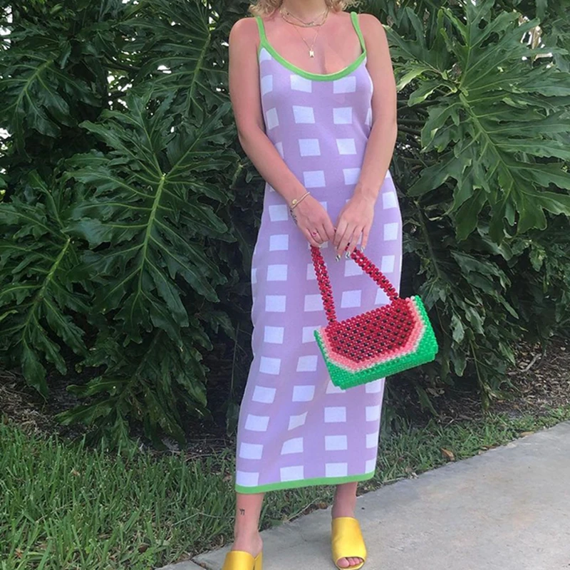 

2021 Paisley Print Knit Midi Dress Women Summer Y2K Aesthetic Sexy Sleeveless Spaghetti Strap Beach Party Cami Dresses