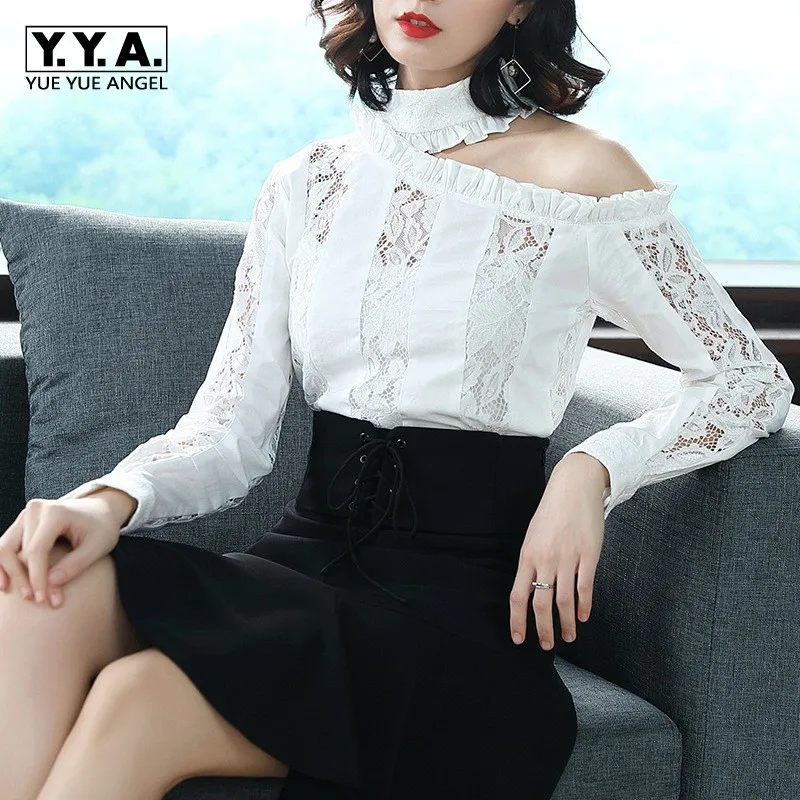 

Designer High Quality Blouse Hollow Out Ruffles Lace Off Shoulder Tops Sweet Slim Fit Long Sleeve Womens Shirt