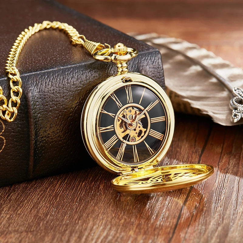 Roman Numeral Doctor Nurse Mechanical Pocket Watch Gold Skeleton Dial Male Luxury Wings Fob Chain Clock for Men Dropshipping
