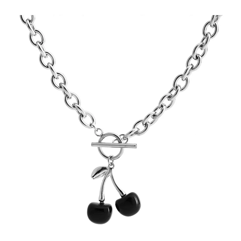 

Elegant Black Cute Cherry Pendant Necklace Short Choker stainless steel Clavicle Chain Fashion Fruit Pendant Dainty Women