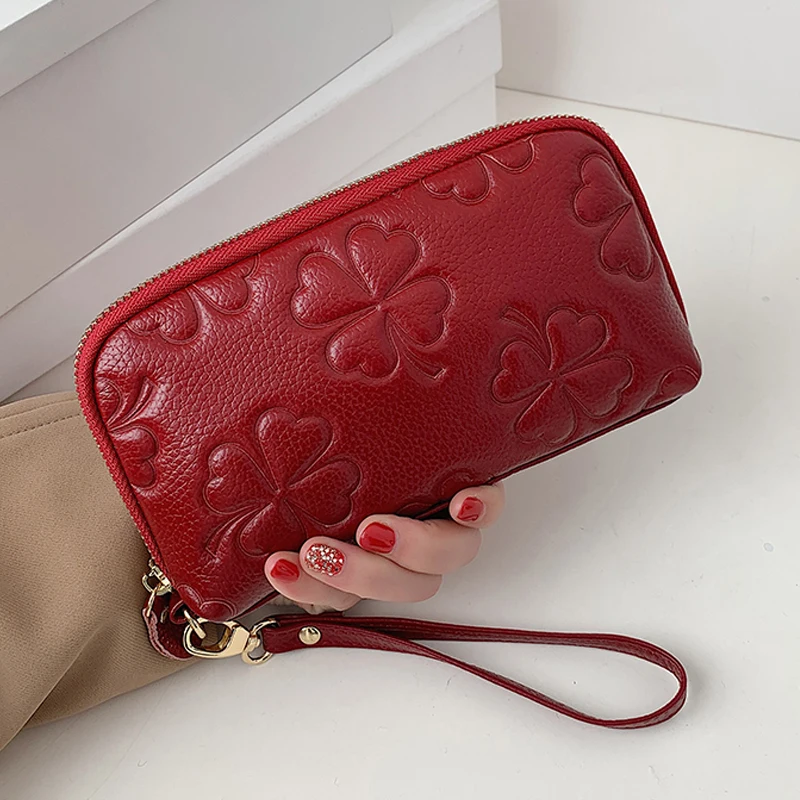 

Leather Ladies Wallet Embossed Flower Clutch Real Cow Leather Coin Purse Money Bag Fashion Wristband Mobile Phone Bag