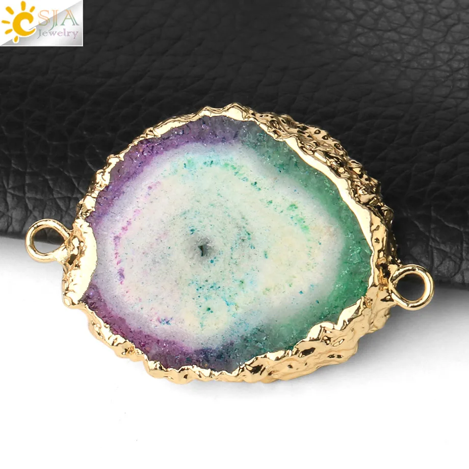 Разноцветный коннектор из натуральных кристаллов CSJA золотистый ободок плоские