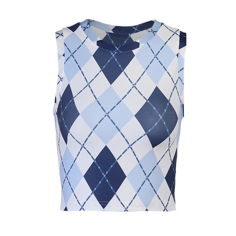

Navel Slim Women's Vests Temperament Plaid Blue Vest Women Casual Corset Crew Neck Tank Top Female Summer 2021 Fashion New