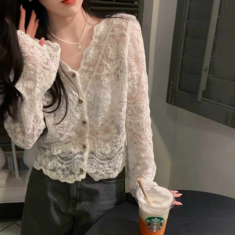 

COIGARSAM Full Sleeve Shirt Womens tops New Summer Hollow Out Women shirts White Apricot Lace 185