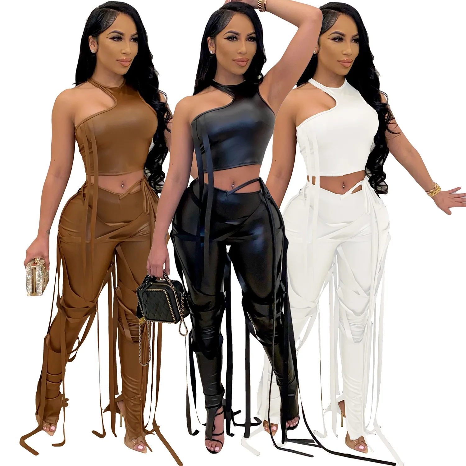 

Chic Lace-up Women Sexy Nightclub Wear PU Two Piece Sets 2021 Spring High Waist Skinny Pants O-neck Sleeveless Tank Tops Outfits