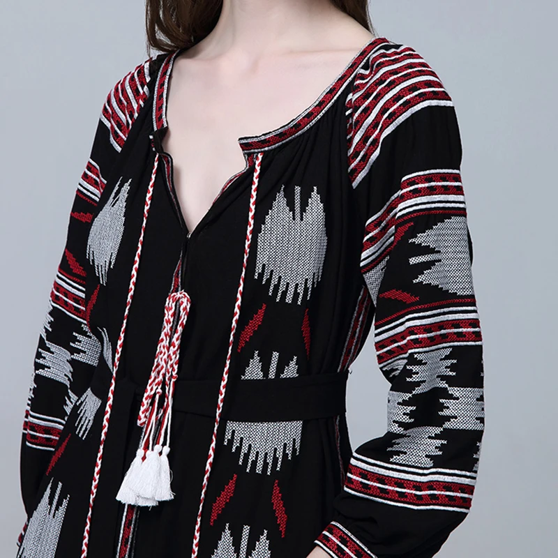 

women maxi long boho embroidery dress tassal bohemian long dress lantern sleeve