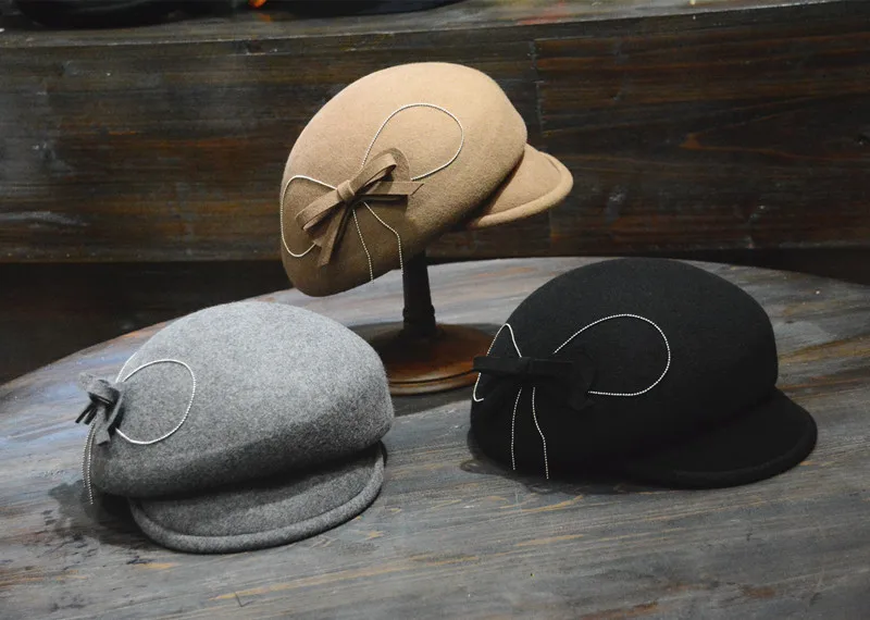 Осень зима женские береты Кепки шерсть сплошной цвет черная плоская шляпа Дамы Классический береты кепка газетчика шапочка стюардессы Fedoras